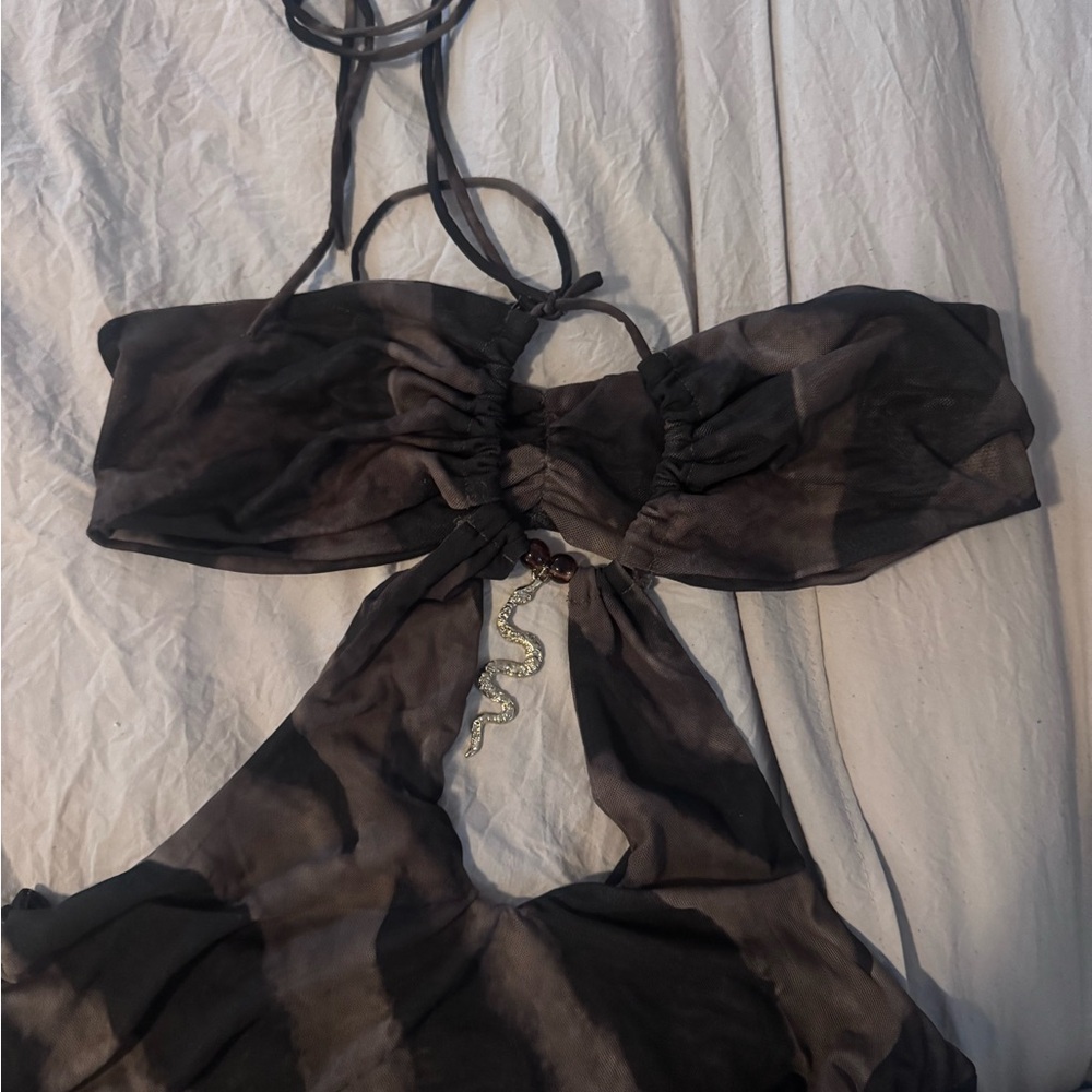 Jaded London Brown Tie-Dye Asymmetrical Cutout Mini Dress - Picture 3 of 4